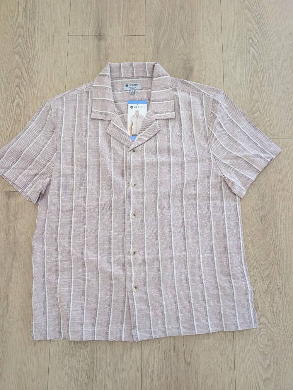 Sperry Light Beige Striped Short Sleeve Button-Down Shirt